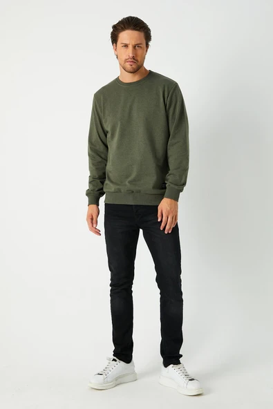 Erkek Basic Bisiklet Yaka Haki Sweatshirt - Resim 4