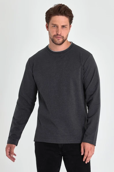 Erkek Antrasit Çift Bisiklet Yaka Standart Rahat Kesim Sweatshirt - 2