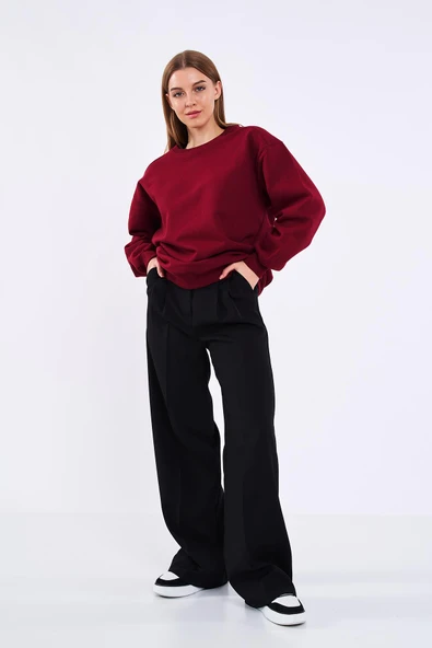 Bordo Kadın Pamuklu Oversize Basic Bisiklet Yaka Sweatshirt - Resim 5