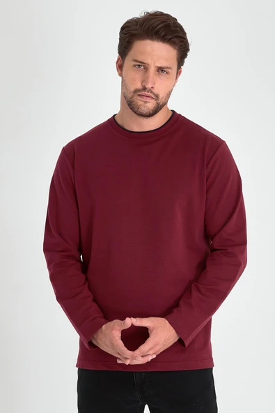 Erkek Bordo Çift Bisiklet Yaka Standart Rahat Kesim Sweatshirt MTLCE68-BORDO - 4