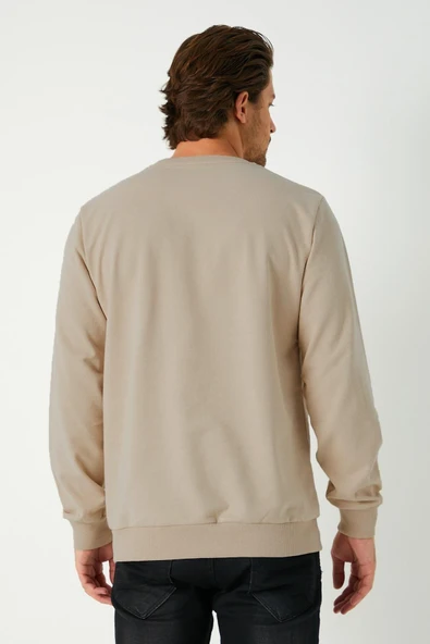 mmetalic Erkek Basic Bisiklet Yaka Bej Sweatshirt - Resim 6