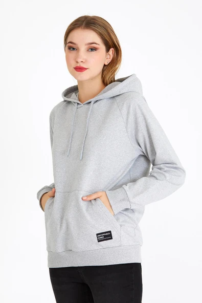Kadın Gri Renk Kapüşonlu Basic Örme Sweatshirt - Resim 3