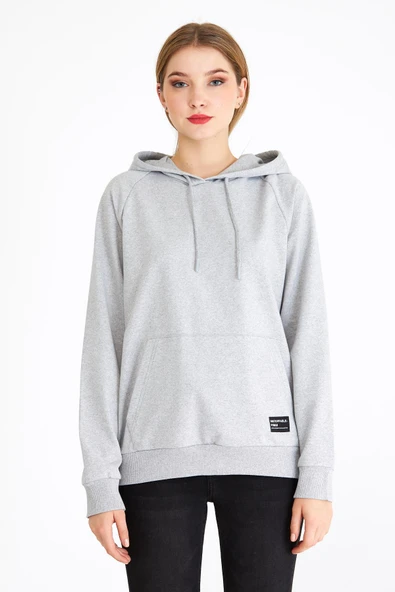 Kadın Gri Renk Kapüşonlu Basic Örme Sweatshirt - Resim 2