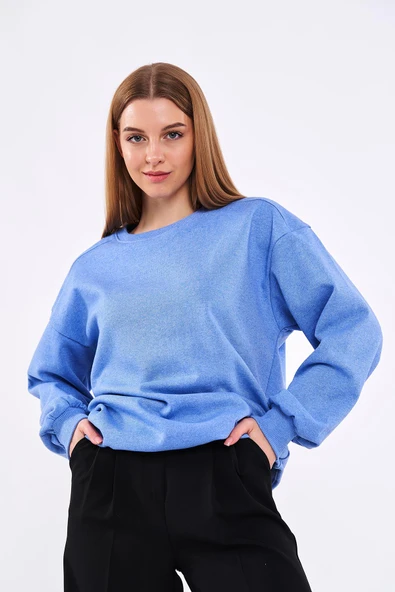 Mavi Kadın Pamuklu Oversize Basic Bisiklet Yaka Sweatshirt - Resim 4
