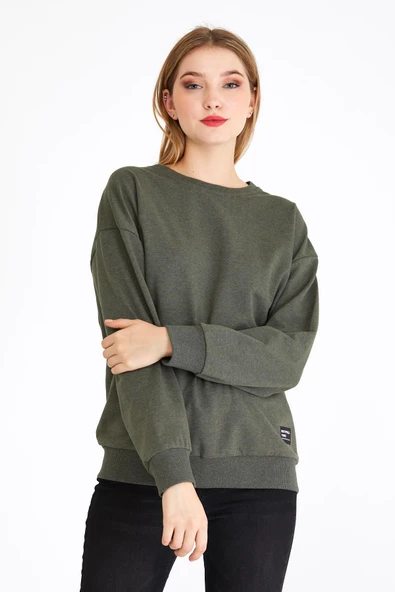Kadın Haki Renk Basic Bisiklet Yaka Sweatshirt - 3