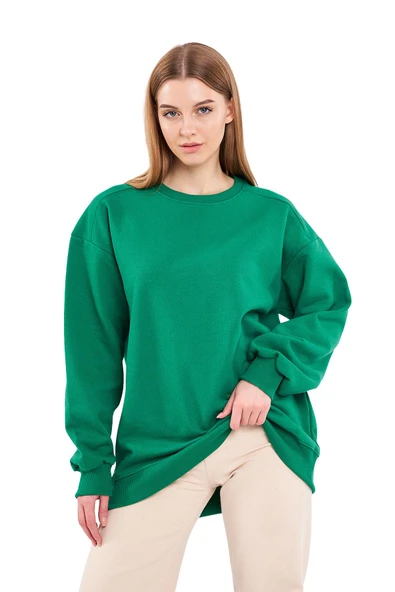 Yeşil Kadın Pamuklu Oversize Basic Bisiklet Yaka Sweatshirt