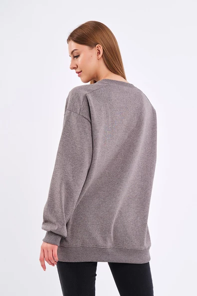 Kahve Kadın Pamuklu Oversize Basic Bisiklet Yaka Sweatshirt - Resim 5