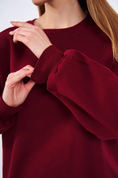 Bordo Kadın Pamuklu Oversize Basic Bisiklet Yaka Sweatshirt - Resim 6