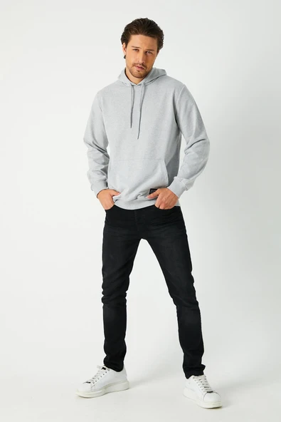 Metalic Gri Erkek Kapüşonlu Kanguru Cepli Sweatshirt - 4