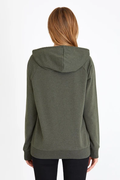 Kadın Haki Renk Kapüşonlu Basic Örme Sweatshirt - Resim 6
