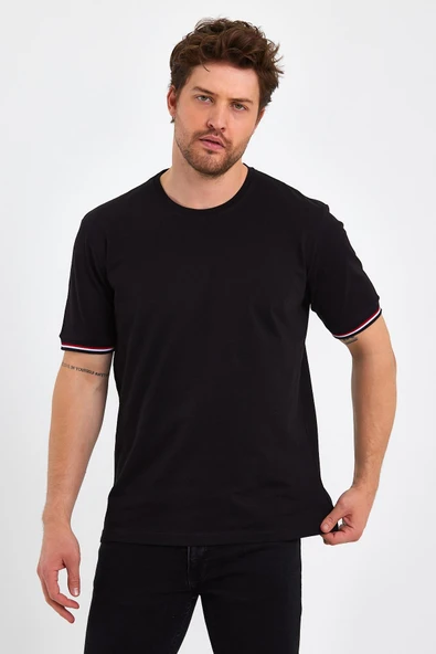 Erkek Siyah Basic Kolları Şeritli %100 Pamuk Bisiklet Yaka Regular Fit T-shirt - Resim 2