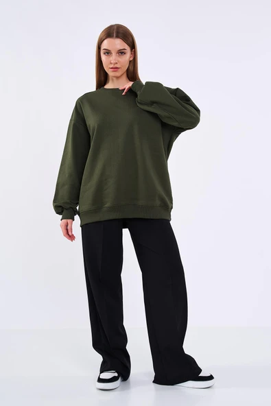 Haki Kadın Pamuklu Oversize Basic Bisiklet Yaka  Sweatshirt - 2