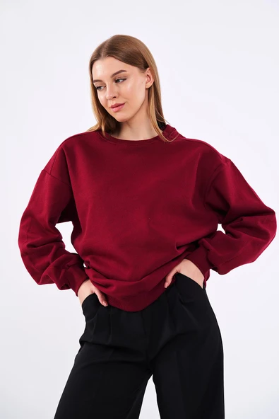 Bordo Kadın Pamuklu Oversize Basic Bisiklet Yaka Sweatshirt - Resim 4