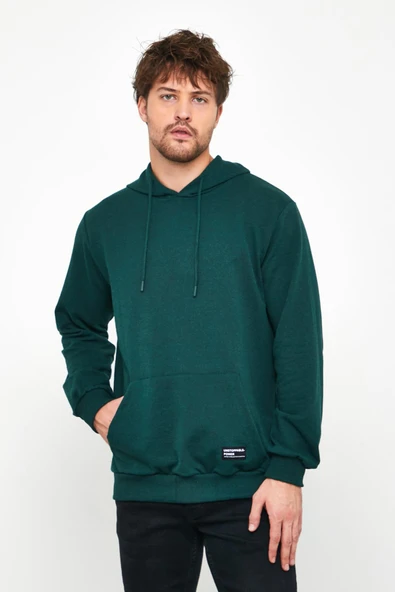 Koyu Yeşil Erkek Kapüşonlu Kanguru Cepli Sweatshirt - Resim 2