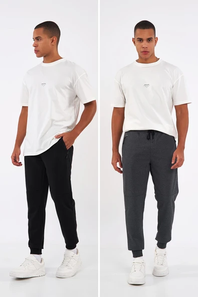 Sİyah-Gri Erkek Paçası Lastikli 2'li Eşofman Altı - Resim 6