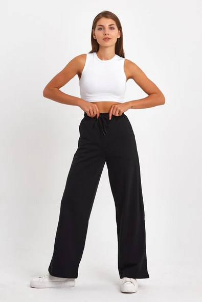 Siyah-Lacivert-Antrasit Kadın Mevsimlik Salaş Geniş Rahat Paça Yan Cepli 3'Lü Eşofman Altı - Resim 2