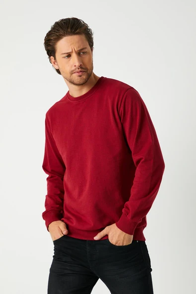 Erkek Bordo Basic Bisiklet Yaka Sweatshirt