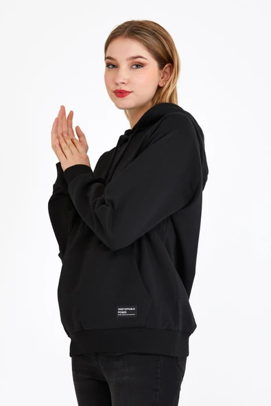 Kadın Siyah Kapüşonlu Basic Örme Sweatshirt - Resim 3