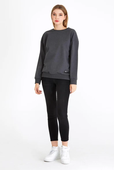 Kadın Antrasit Renk Basic Bisiklet Yaka Sweatshirt - 4