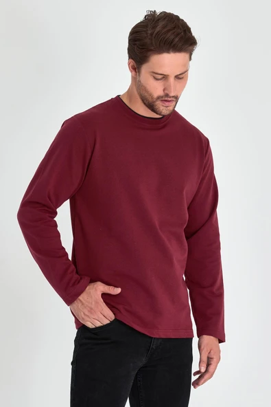 Erkek Bordo Çift Bisiklet Yaka Standart Rahat Kesim Sweatshirt MTLCE68-BORDO - 3