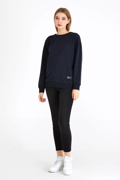 Kadın Lacivert Renk Basic Bisiklet Yaka Sweatshirt - 5