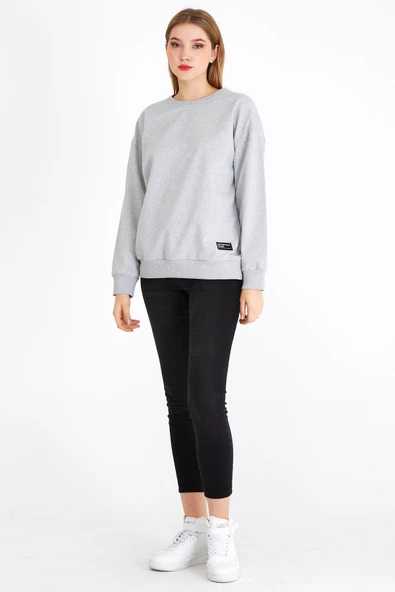 Kadın Gri Renk Basic Bisiklet Yaka Sweatshirt - 4