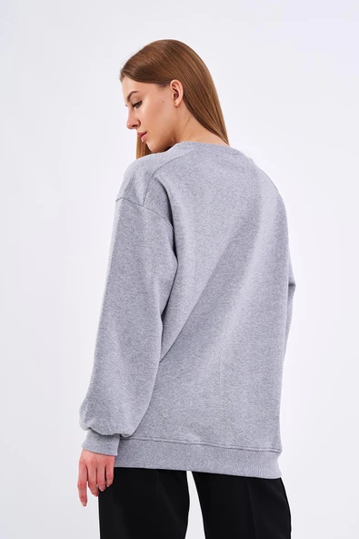 Gri Kadın Pamuklu Oversize Basic Bisiklet Yaka Sweatshirt - 5