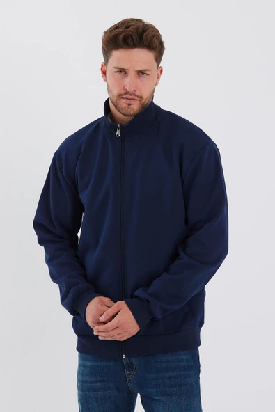 İçi Pamuklu Fermuarlı Dik Yaka Yan Cepli Erkek Lacivert Hırka - 2