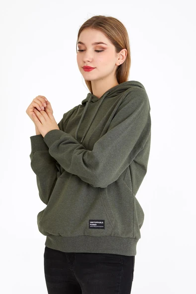 Kadın Haki Renk Kapüşonlu Basic Örme Sweatshirt - Resim 4