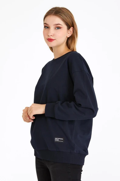 Kadın Lacivert Renk Basic Bisiklet Yaka Sweatshirt - Resim 4