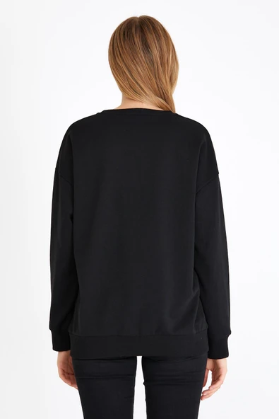 Kadın Siyah Renk Basic Bisiklet Yaka Sweatshirt - 6