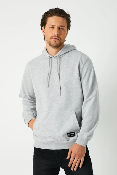 Metalic Gri Erkek Kapüşonlu Kanguru Cepli Sweatshirt