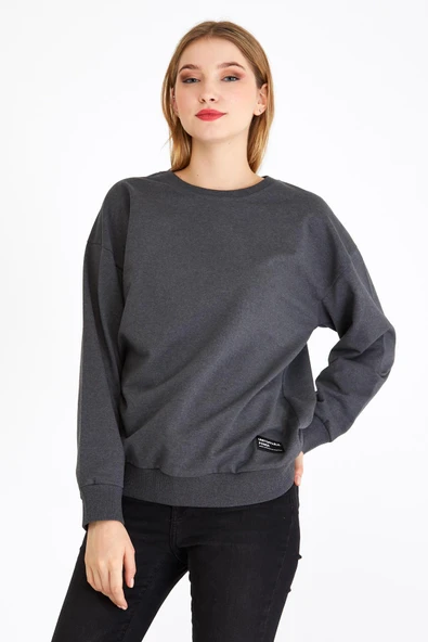 Kadın Antrasit Renk Basic Bisiklet Yaka Sweatshirt