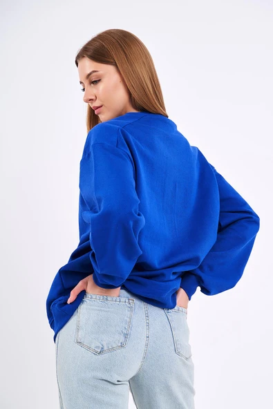 Saks Kadın Pamuklu Oversize Basic Bisiklet Yaka  Sweatshirt - Resim 6