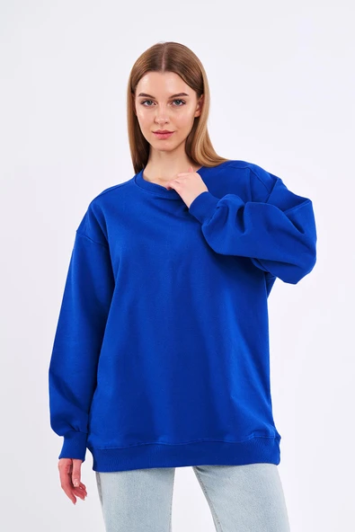 Saks Kadın Pamuklu Oversize Basic Bisiklet Yaka  Sweatshirt - Resim 2
