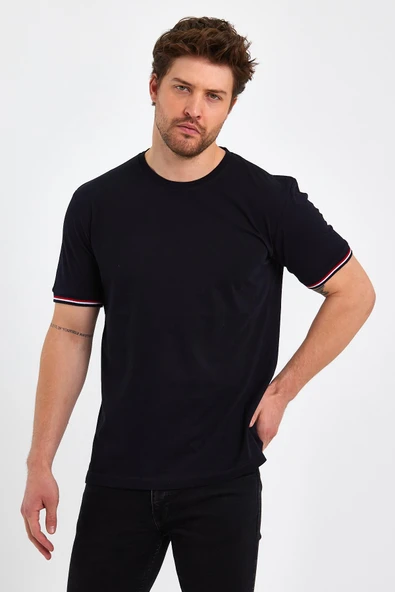 Erkek Siyah Basic Kolları Şeritli %100 Pamuk Bisiklet Yaka Regular Fit T-shirt - 9