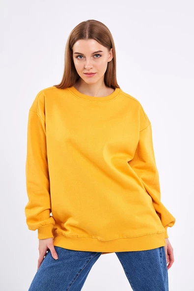 Sarı Kadın Pamuklu Oversize Basic Bisiklet Yaka Sweatshirt - 2