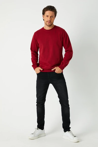 Erkek Bordo Basic Bisiklet Yaka Sweatshirt - 6