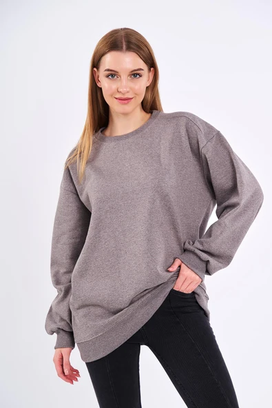 Kahve Kadın Pamuklu Oversize Basic Bisiklet Yaka Sweatshirt - Resim 3