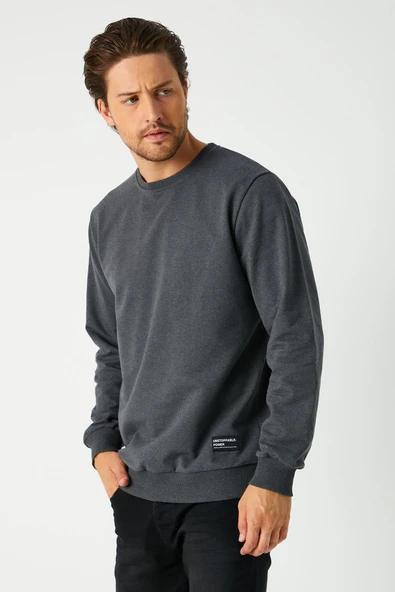 Erkek Antrasit Basic Bisiklet Yaka Sweatshirt