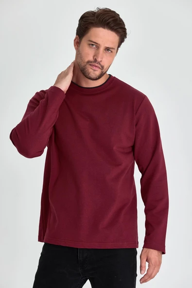 Erkek Bordo Çift Bisiklet Yaka Standart Rahat Kesim Sweatshirt MTLCE68-BORDO