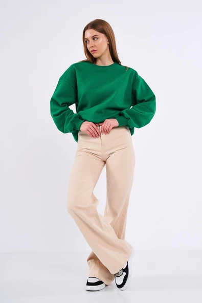 Yeşil Kadın Pamuklu Oversize Basic Bisiklet Yaka Sweatshirt - 2
