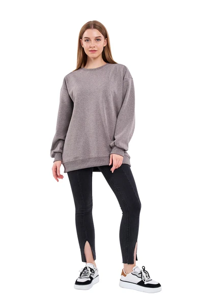 Kahve Kadın Pamuklu Oversize Basic Bisiklet Yaka Sweatshirt ürün görseli