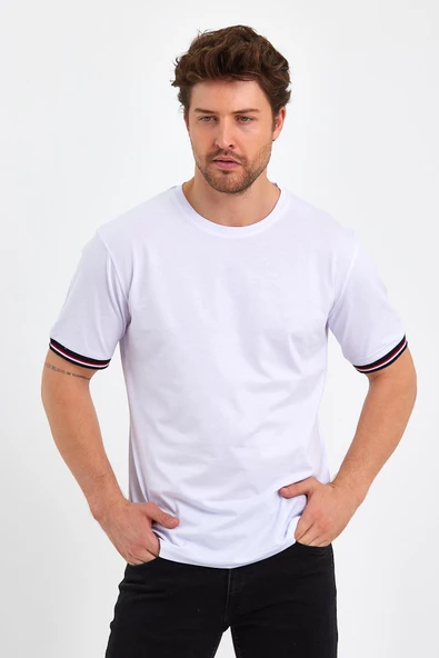 Erkek Basic Kolları Şeritli %100 Pamuk Bisiklet Yaka Regular Fit 3'Lü T-shirt - 11
