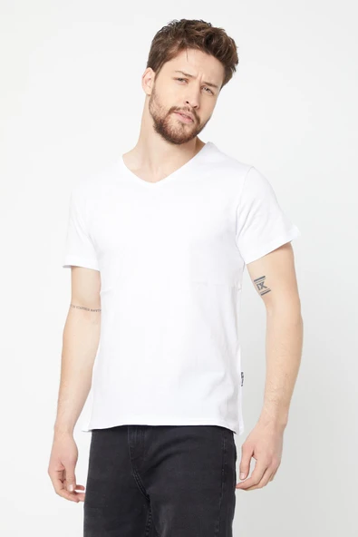 Erkek Çok Renkli T- Shirt Regular Fit Rahat Kesim V Yaka 3'lü Basic Tişört Paketi - 8