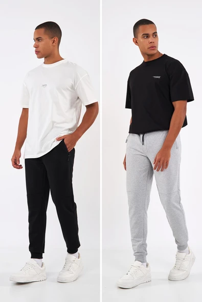 Sİyah-Gri Erkek Paçası Lastikli 2'li Eşofman Altı ürün görseli