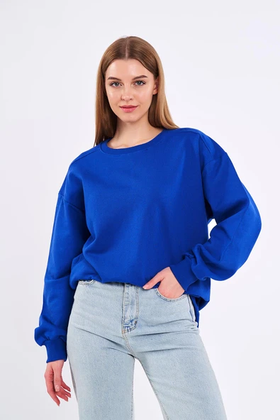 Saks Kadın Pamuklu Oversize Basic Bisiklet Yaka  Sweatshirt - Resim 3