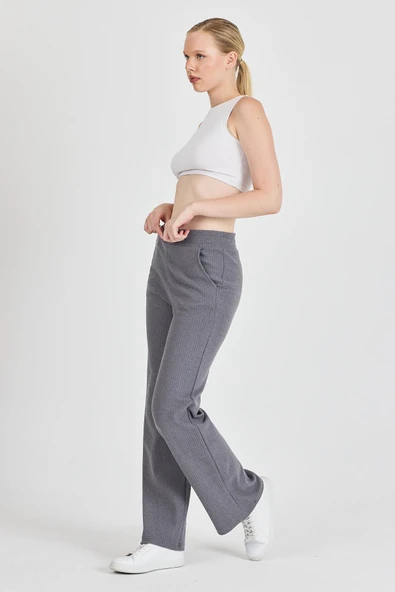 Füme Fitilli Geniş Paça Kaşkorse Yüksek Bel Cepli Kadın Eşofman Altı - Resim 4