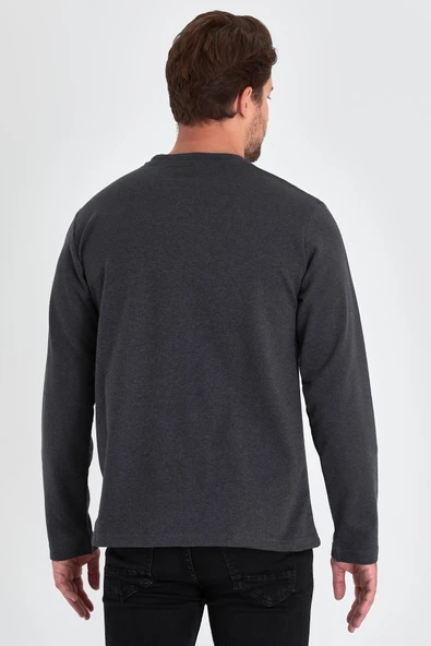 Erkek Antrasit Çift Bisiklet Yaka Baskı Detaylı Standart Rahat Kesim Sweatshirt - 6