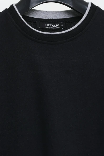 Erkek Siyah Çift Bisiklet Yaka Baskı Detaylı Standart Rahat Kesim Sweatshirt - 4